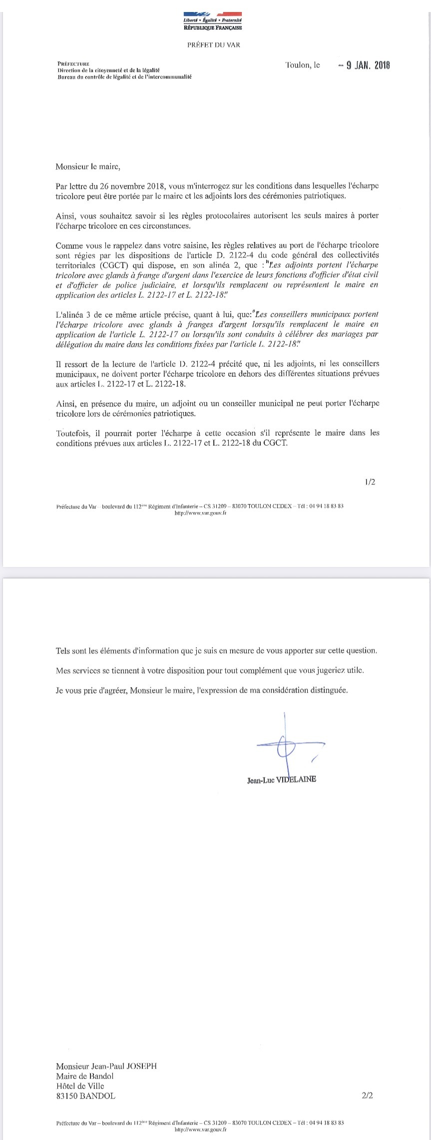 réponse du Préfet sur les écharpes des élus